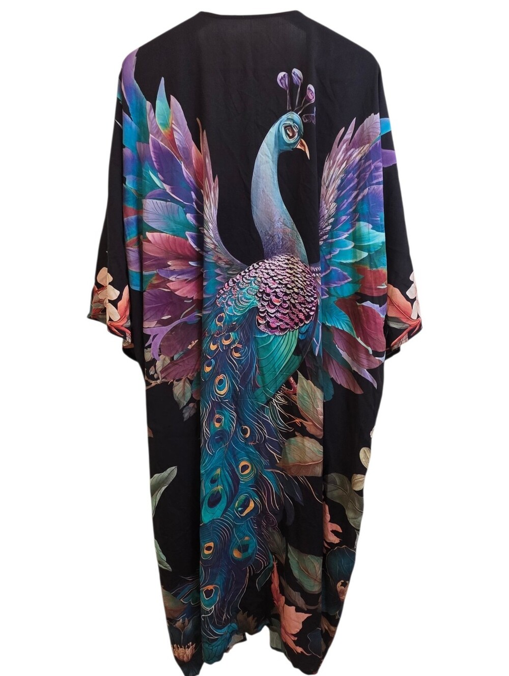 Peacock & Floral Print Belted Kimono Cover-Up EUC OS